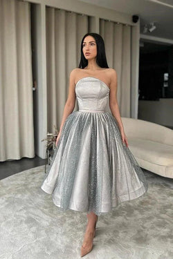 Strapless Silver A-Line Short Prom Dress Ruffle With Sequins and Tulle by BIZTUNNEL