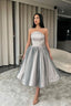 Strapless Silver A-Line Short Prom Dress Ruffle With Sequins and Tulle