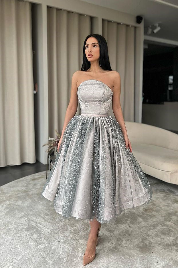 Strapless Silver A-Line Short Prom Dress Ruffle With Sequins and Tulle Hover Image