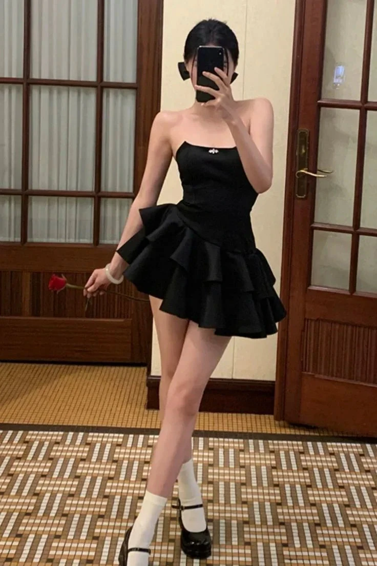 Chic Strapless Black Satin Short Prom Dress Layered Homecoming Dress Graduation Dress Y7622 by simplepromdress
