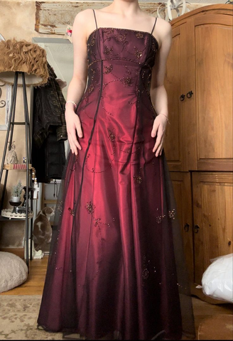 Vestido de fiesta vintage de tul burdeos con cuentas, corte A, vestido de noche Y7684