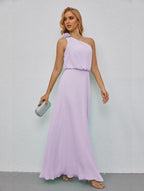 Ruffled One Shoulder Sleeveless Long Bridesmaid Dresses A-line Formal Evening Gown Side Split 28080 by numbersea