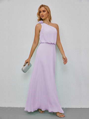 Ruffled One Shoulder Sleeveless Long Bridesmaid Dresses A-line Formal Evening Gown Side Split 28080