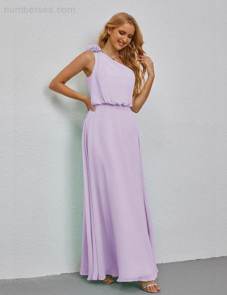 Ruffled One Shoulder Sleeveless Long Bridesmaid Dresses A-line Formal Evening Gown Side Split 28080 by numbersea