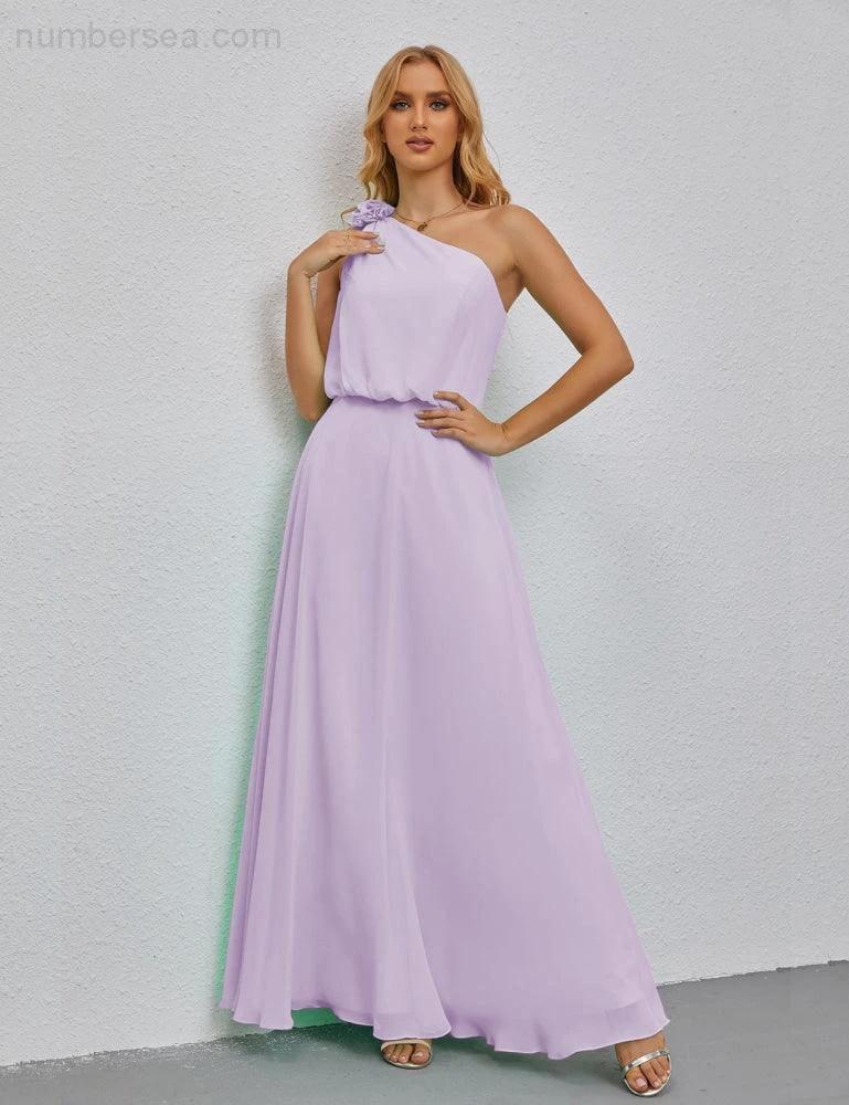 Ruffled One Shoulder Sleeveless Long Bridesmaid Dresses A-line Formal Evening Gown Side Split 28080 by numbersea