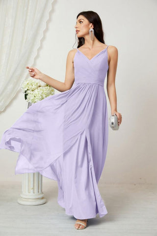 Numbersea Chiffon V-Neck Bridesmaid Dress Spaghetti Strap Long Formal Party Prom Gowns with Slit 28010