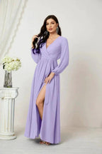 Sunnderly Evening Dresses Deep V-Neck Chiffon Bridesmaid Dresses Long Bishop Sleeve Side Split Formal Dress SY2806 by numbersea
