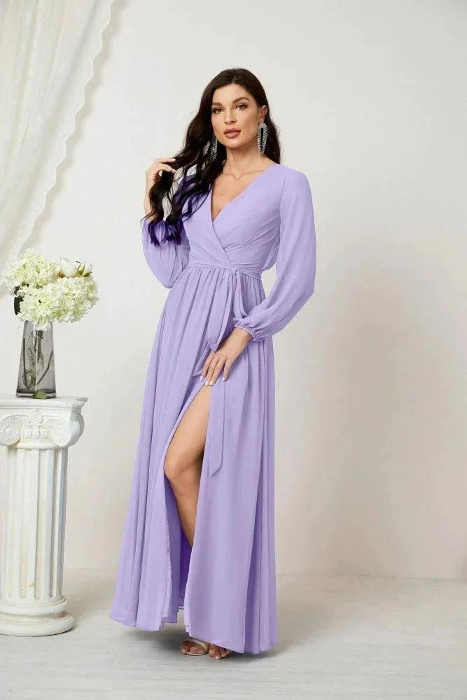 Sunnderly Evening Dresses Deep V-Neck Chiffon Bridesmaid Dresses Long Bishop Sleeve Side Split Formal Dress SY2806 by numbersea