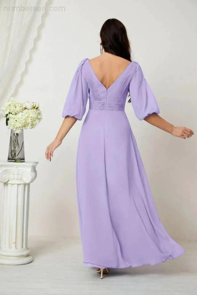Numbersea Formal Prom Gown Women V-Neck Chiffon Bridesmaid Dresses Long Bishop Sleeve Party Dress 2807 by numbersea