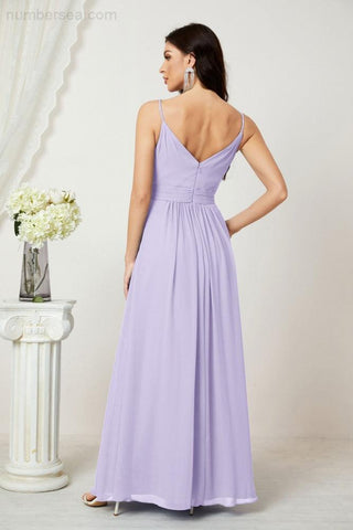 Numbersea Chiffon V-Neck Bridesmaid Dress Spaghetti Strap Long Formal Party Prom Gowns with Slit 28010