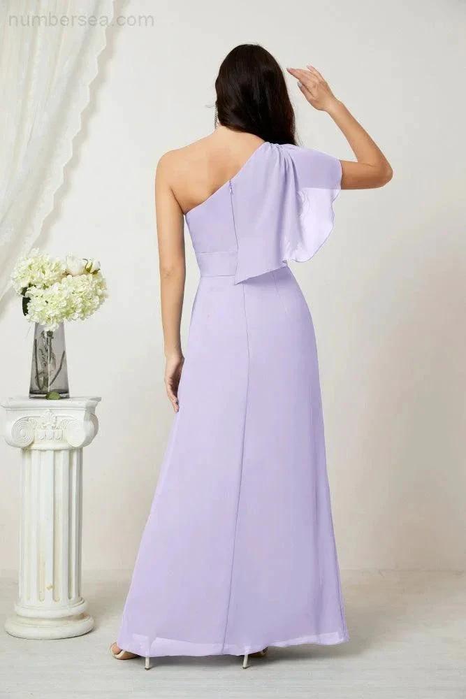 Numbersea Chiffon Ruffled One Shoulder Long Bridesmaid Dresses A-line Formal Evening Gown Side Split 2809 by numbersea