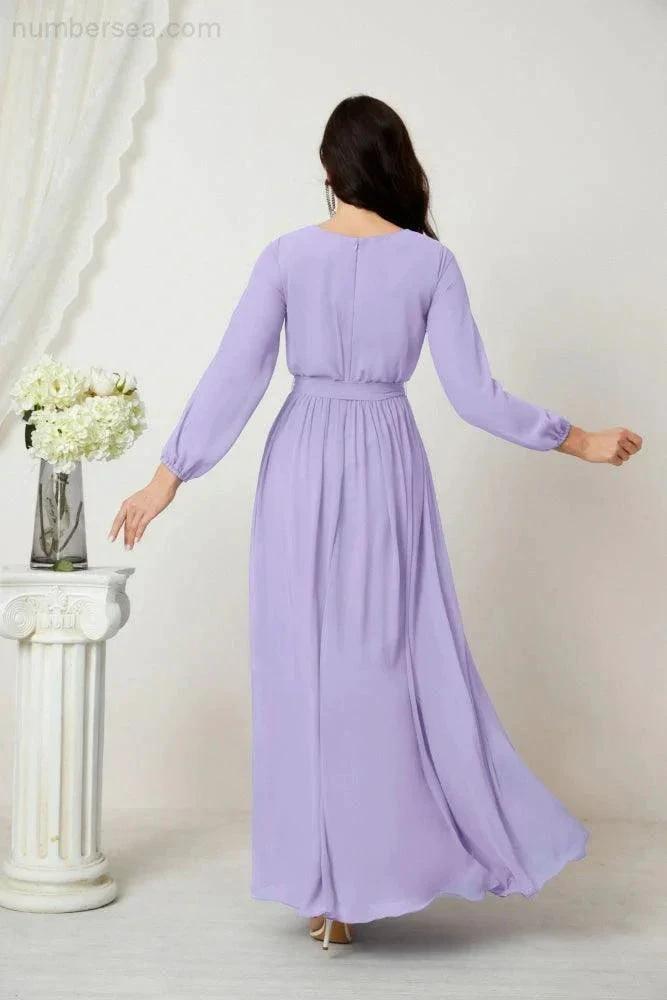 Sunnderly Evening Dresses Deep V-Neck Chiffon Bridesmaid Dresses Long Bishop Sleeve Side Split Formal Dress SY2806 by numbersea