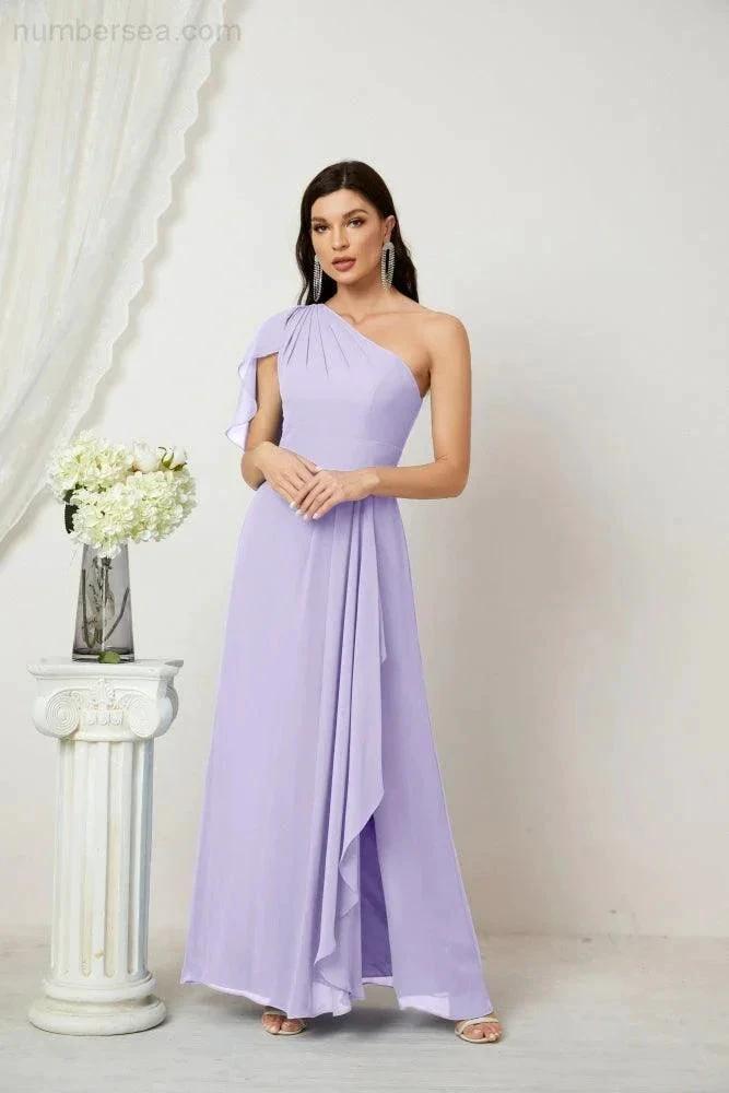 Numbersea Chiffon Ruffled One Shoulder Long Bridesmaid Dresses A-line Formal Evening Gown Side Split 2809 by numbersea