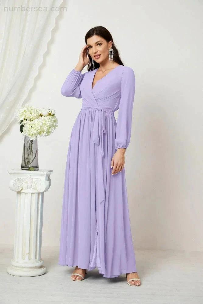 Sunnderly Evening Dresses Deep V-Neck Chiffon Bridesmaid Dresses Long Bishop Sleeve Side Split Formal Dress SY2806 by numbersea