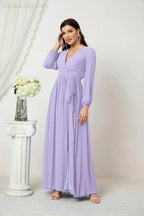 Sunnderly Evening Dresses Deep V-Neck Chiffon Bridesmaid Dresses Long Bishop Sleeve Side Split Formal Dress SY2806 by numbersea