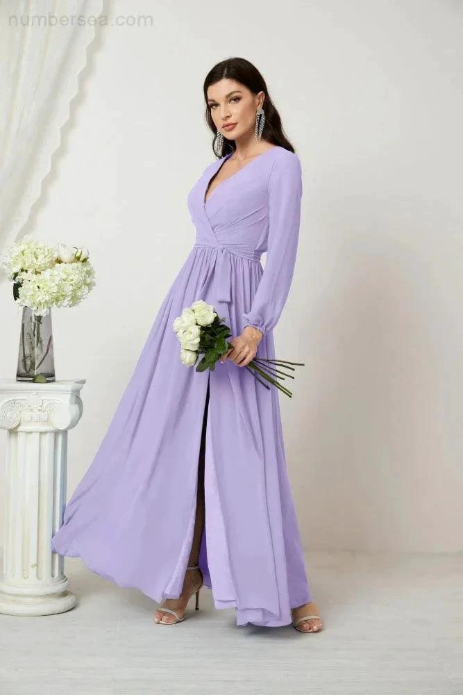 Sunnderly Evening Dresses Deep V-Neck Chiffon Bridesmaid Dresses Long Bishop Sleeve Side Split Formal Dress SY2806 by numbersea