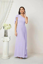 Numbersea Chiffon Ruffled One Shoulder Long Bridesmaid Dresses A-line Formal Evening Gown Side Split 2809 by numbersea