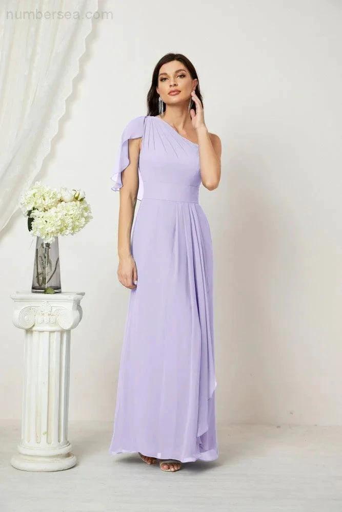 Numbersea Chiffon Ruffled One Shoulder Long Bridesmaid Dresses A-line Formal Evening Gown Side Split 2809 by numbersea
