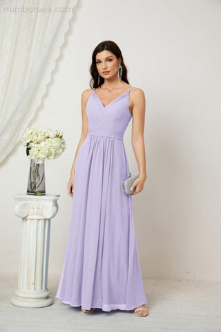 Numbersea Chiffon V-Neck Bridesmaid Dress Spaghetti Strap Long Formal Party Prom Gowns with Slit 28010