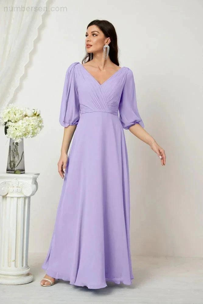 Numbersea Formal Prom Gown Women V-Neck Chiffon Bridesmaid Dresses Long Bishop Sleeve Party Dress 2807 by numbersea