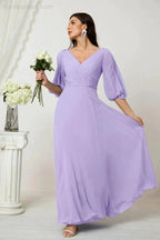 Numbersea Formal Prom Gown Women V-Neck Chiffon Bridesmaid Dresses Long Bishop Sleeve Party Dress 2807 by numbersea