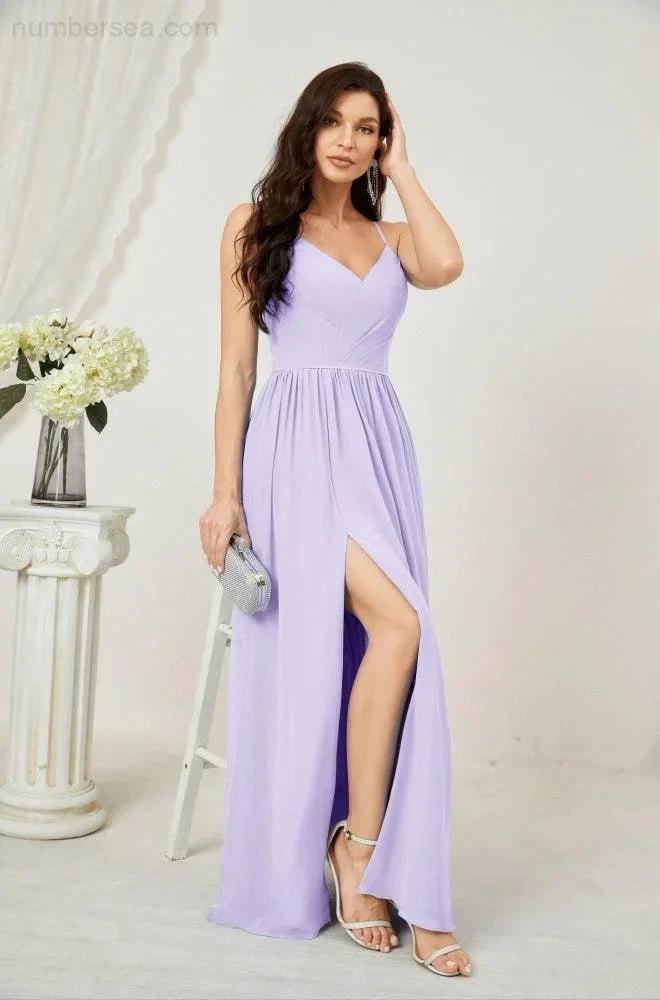 Numbersea Neck Bridesmaid Dresses Chiffon Long Spaghetti A-line Formal Prom Gown for Wedding Party Evening 2801 by numbersea