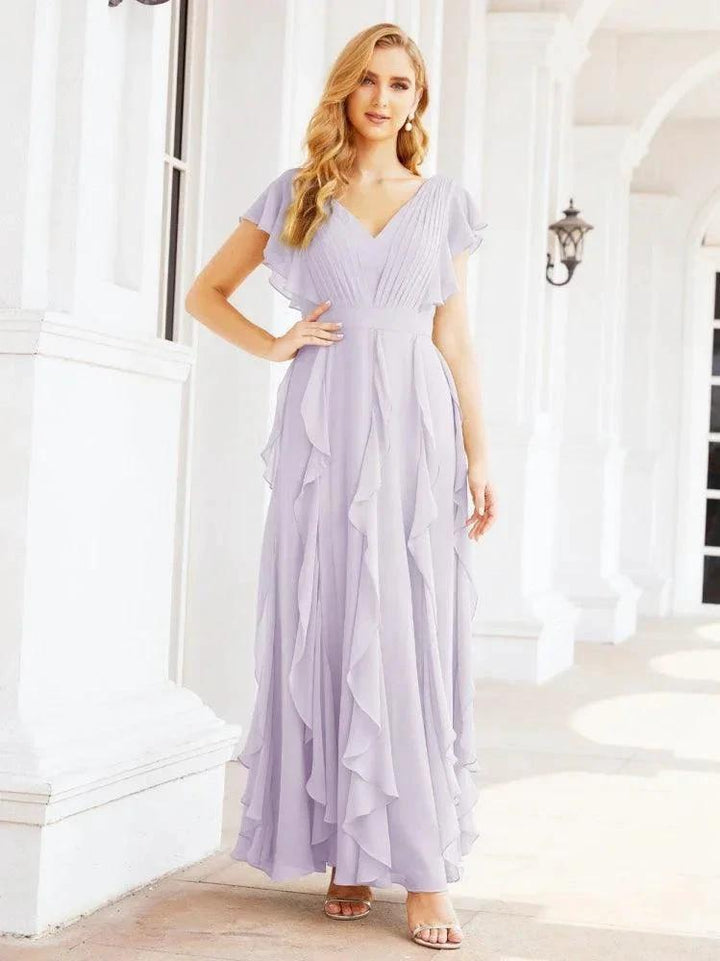 Ruffled Bridesmaid Dresses with Sleeves Long Formal Party Dress 28041 by numbersea
