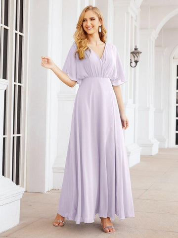 Numbersea V-Neck Bridesmaid Dress Chiffon Long Open Back Formal Dresses for Women Party Evening 28067