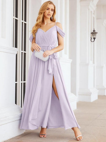 Numbersea Off The Shoulder Chiffon Bridesmaid Dress Long Formal Graduation Gown with Cowl Back 28069