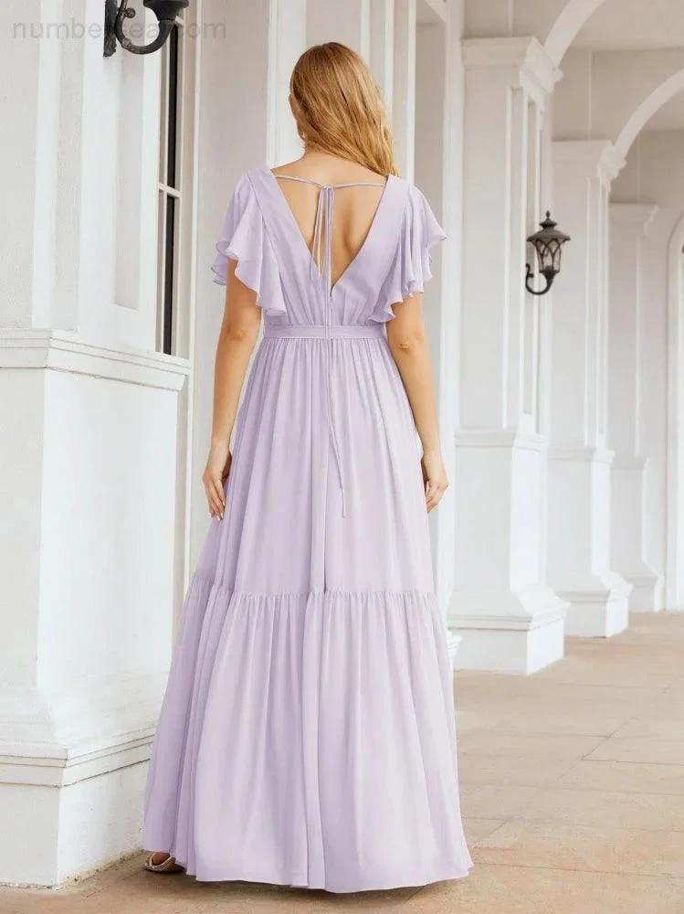 Numbersea Women's Open Back Formal Evening Party Prom Gowns V-Neck Long Chiffon Bridesmaid Dresses with Waist Belt 28038 by numbersea