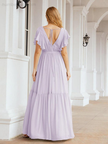 Numbersea Women's Open Back Formal Evening Party Prom Gowns V-Neck Long Chiffon Bridesmaid Dresses with Waist Belt 28038