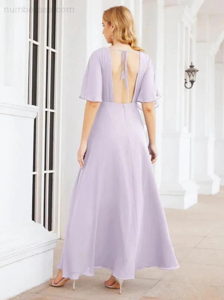Numbersea V-Neck Bridesmaid Dress Chiffon Long Open Back Formal Dresses for Women Party Evening 28067 by numbersea