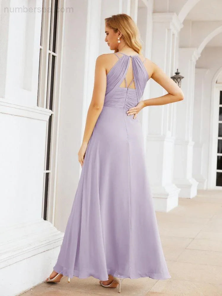 Vestidos de Damas de Honra Numbersea com Alças Duplas de Espaguete para Mulher Vestido Longo Formal para Festa com Fenda Lateral 28051