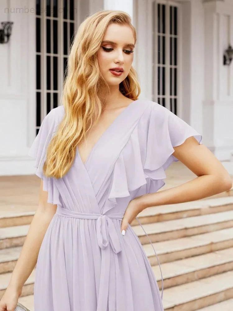 Numbersea Women's Open Back Formal Evening Party Prom Gowns V-Neck Long Chiffon Bridesmaid Dresses with Waist Belt 28038 by numbersea