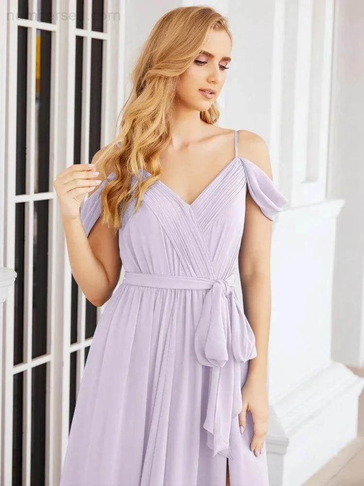Numbersea Off The Shoulder Chiffon Bridesmaid Dress Long Formal Graduation Gown with Cowl Back 28069 by numbersea
