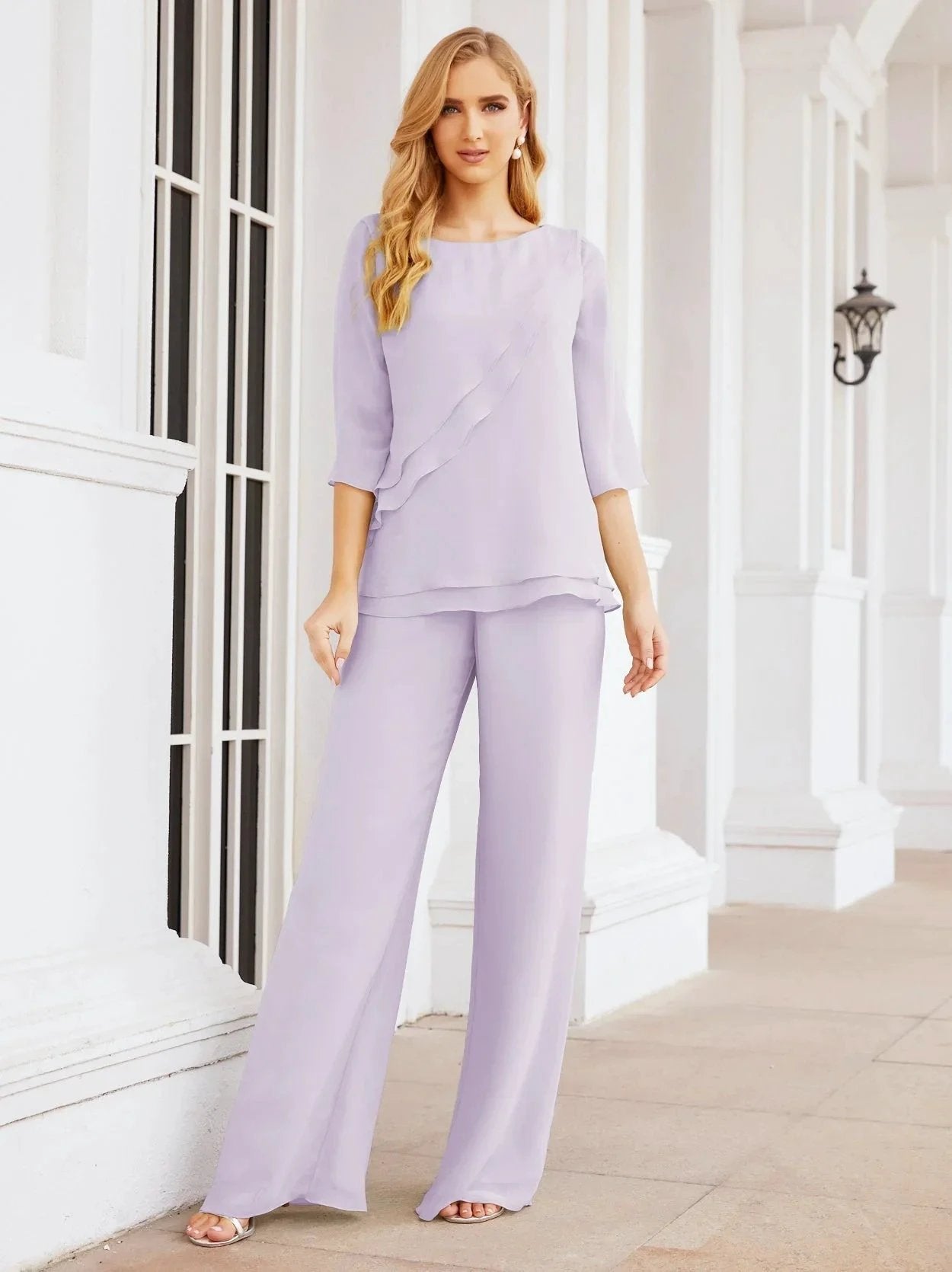 Sunnderly Elegant 2 Piece Mother of The Bride Dress Plus Size Pant Suits Ruffle Layers Sliver Housecoat SY28064 by numbersea