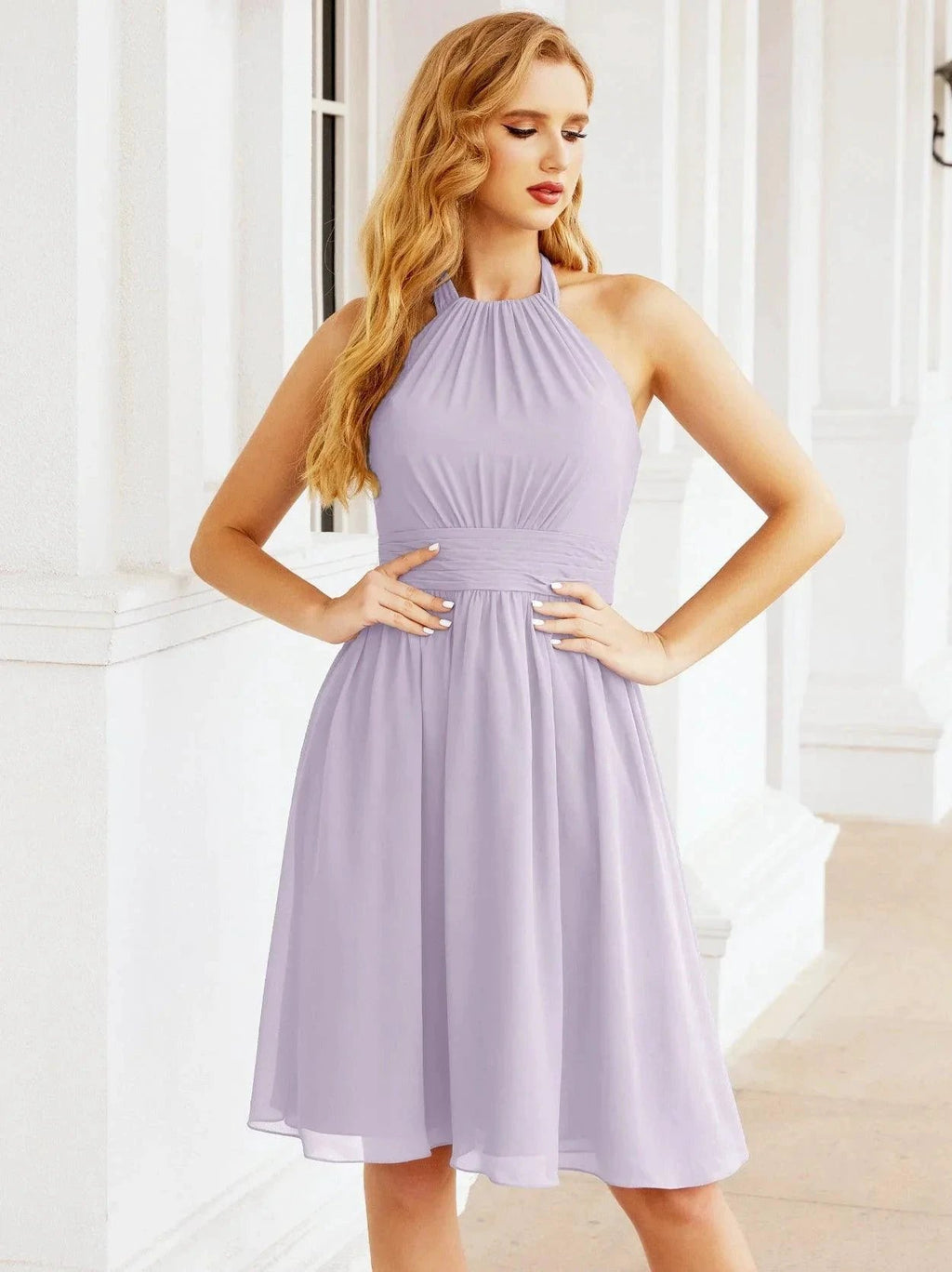 Numbersea Halter Chiffon Bridesmaid Dresses Short Sleeveless Formal Party Dress Open Back 28023 by numbersea