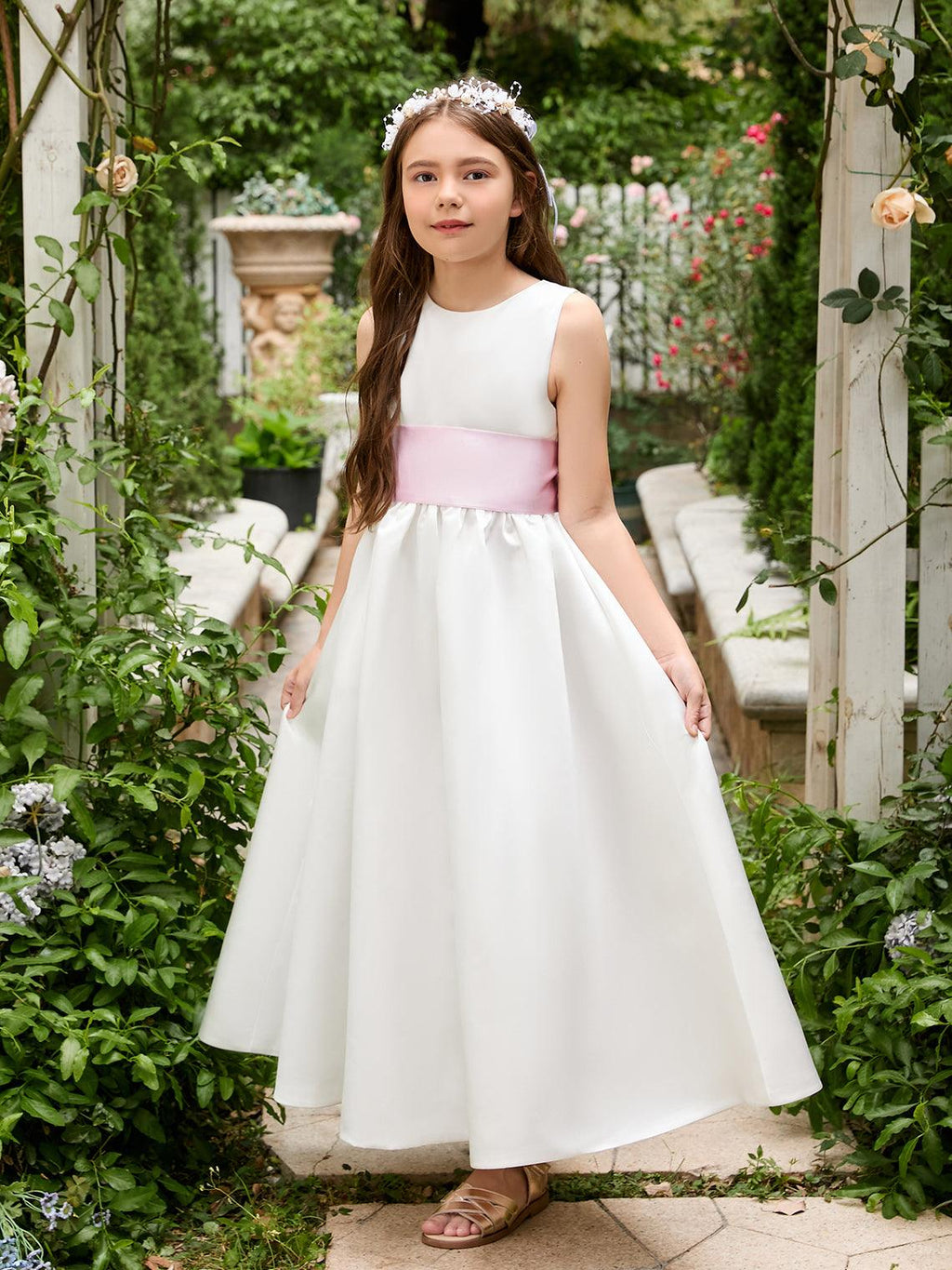 Ivory Satin Flower Girl Ball Gown with Sash Bow | Ankle-Length Tulle Dress (0… - photo 4