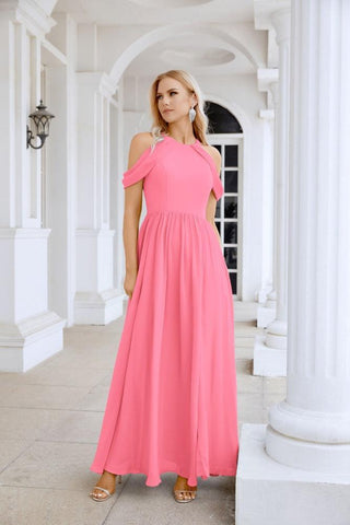 Ladies Chiffon Off Shoulder Swing Sleeve Front Slit Bridesmaid Evening Dress Wedding Party Evening Dress 28117