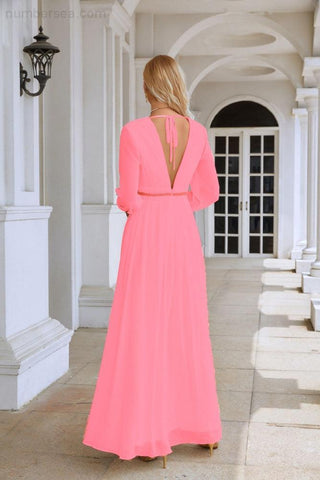 Ladies V Neck Chiffon Long Sleeve Front Slit Bridesmaid Evening Dress Wedding Party Shopping Evening Dress 28109