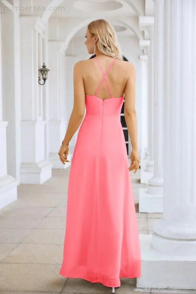 Ladies Chiffon Spaghetti Strap V Neck Front Slit Floor Length Bridesmaid Evening Dress Prom Party Wedding Evening Dress 28116 by numbersea