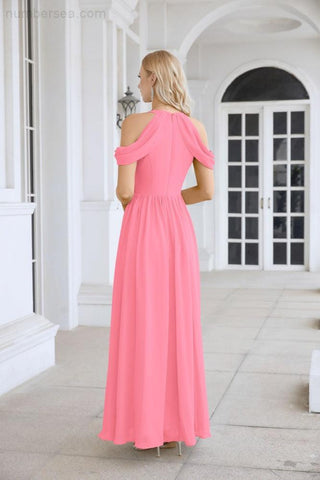 Ladies Chiffon Off Shoulder Swing Sleeve Front Slit Bridesmaid Evening Dress Wedding Party Evening Dress 28117