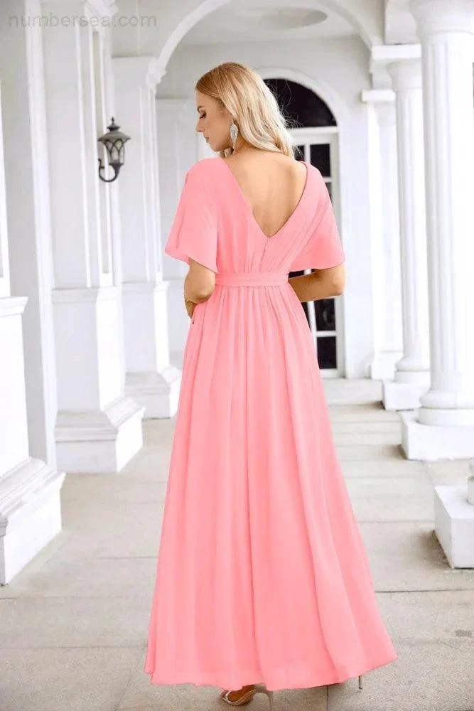 Ladies Chiffon Sleeve Crew Neck Front Slit Floor Length Bridesmaid Evening Dress Wedding Party Evening Dress 28124 by numbersea