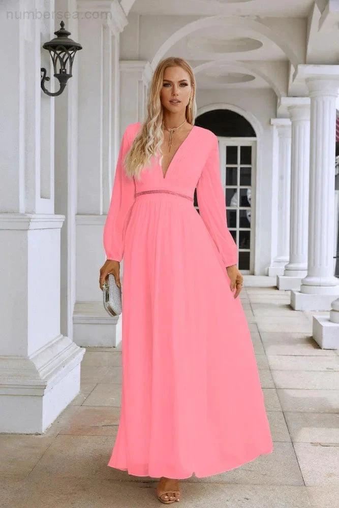 Ladies V Neck Chiffon Long Sleeve Front Slit Bridesmaid Evening Dress Wedding Party Shopping Evening Dress 28109 by numbersea