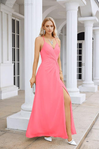 Ladies Chiffon Spaghetti Strap V Neck Front Slit Floor Length Bridesmaid Evening Dress Prom Party Wedding Evening Dress 28116