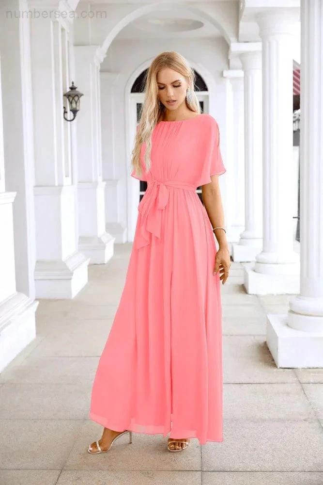 Ladies Chiffon Sleeve Crew Neck Front Slit Floor Length Bridesmaid Evening Dress Wedding Party Evening Dress 28124 by numbersea