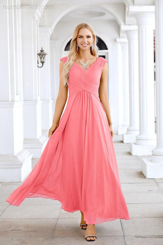 Ladies Chiffon V Neck Sleeveless Floor Length Bridesmaid Evening Dress Wedding Party Evening Dress 28126