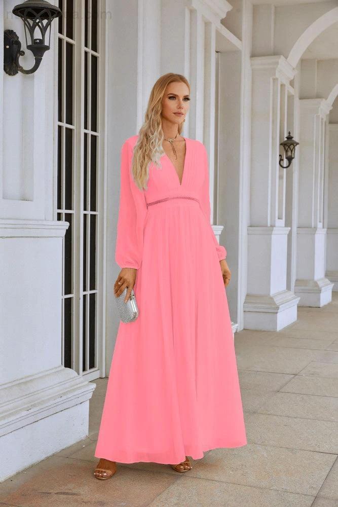 Ladies V Neck Chiffon Long Sleeve Front Slit Bridesmaid Evening Dress Wedding Party Shopping Evening Dress 28109 by numbersea
