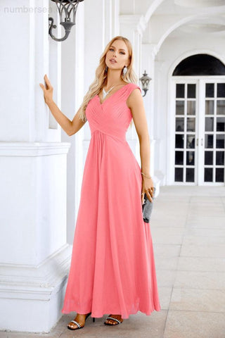 Ladies Chiffon V Neck Sleeveless Floor Length Bridesmaid Evening Dress Wedding Party Evening Dress 28126