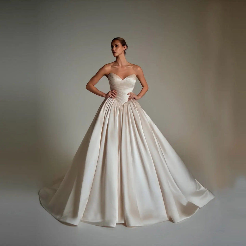 Luxury Champagne Strapless Satin Ball Gown Trailed Wedding Dress SW162